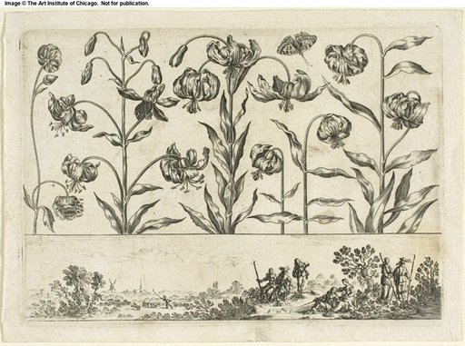 Flowers and Hunting Scene, from Livre Nouveau de Fleurs...