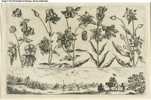Flowers and Hunting Scene, from Livre Nouveau de Fleurs...