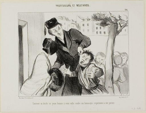 How to Convince a Young Man to Finally Learn to Pay his Respects to his Parents, plate 26 from Professeurs et Moutards (Professors and Rascals)