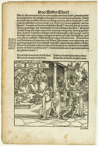 Lucius Mutius, Scipio Africanus, and Paulus Aemilius (recto) Battle Scene (verso) from Officia M.T.C., plate 23 from Woodcuts from Books of the XVI Century