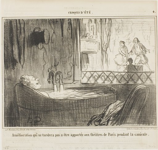 Proposal for improvement for the theatres in Paris, which will not fail to have its effect during the dog days, plate 4 from Croquis d’Été