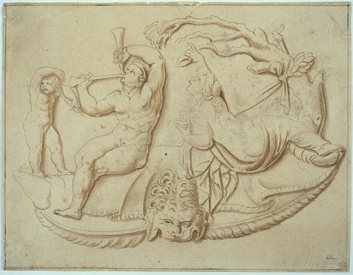 Satyr with Two Pipes and Putto and Woman Taking Drink from Tree