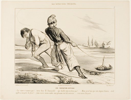 A Difficult Navigation. “- The boat doesn't move! Pull Dumouchel, pull.... why the devil don't you pull! - But I am doing nothing else than that for the last three hours!.... and this is called a pleasure trip! I'd rather sell my prunes in rue de la Verrerie.... that's less tiring!,” plate 6 from Les Canotiers Parisiens