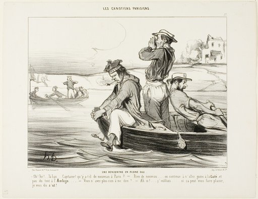 An Encounter in Open Water. “- Hello... down there... Captain.., what's new in Paris? - Nothing new really... still no one goes to the Gaieté or the Ambigu. - Don't you have anything else to tell me? - Oh yes,... I forgot... I hope you like it... shut up!,” plate 11 from Les Canotiers Parisiens