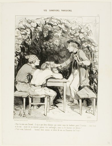 “- You see, my friend Durand.... there are only two important components of happiness for a man: water and wine... but they must never be mixed, otherwise they lose their charm. - Quite right, Cabassol.... let's drink another glass of wine in honour of water!,” plate 12 from Les Canotiers Parisiens