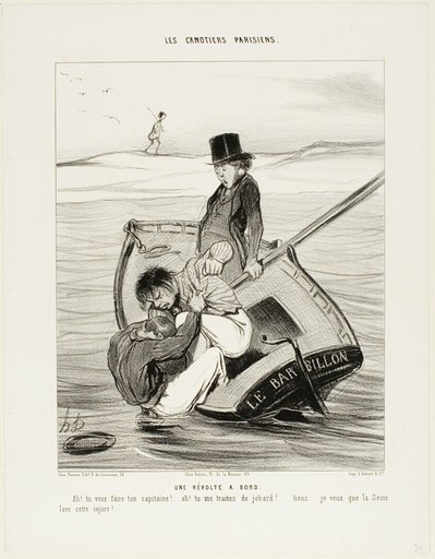 A Revolt On Board. “- Ah! you want to be your own captain!... - Ah! you are treating me like an idiot... hey... I hope the Seine washes away that insult!,” plate 13 from Les Canotiers Parisiens
