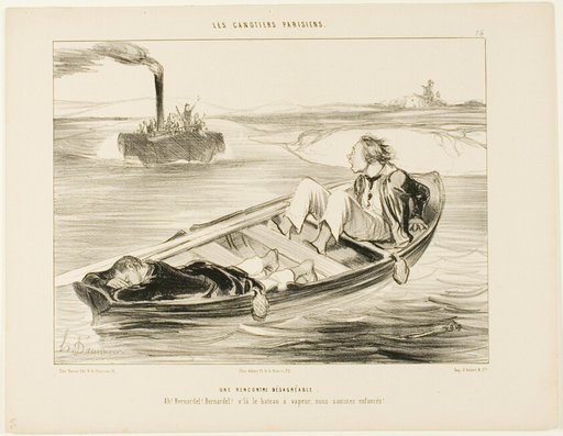 An Unpleasant Encounter. “Bernardel, Bernardel! Here comes the steamer... we will sink!,” plate 16 from Les Canotiers Parisiens