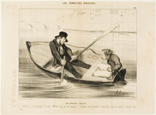 The Novice Sailor. “Devil... rowing is much more difficult than I thought! And to really enjoy myself I would rather stick peas.,” plate 19 from Les Canotiers Parisiens