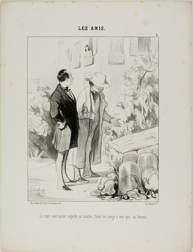 The husband wants him to look at his hot-bed, the friend only dreams of seeing his wife, plate 3 from Les Amisa