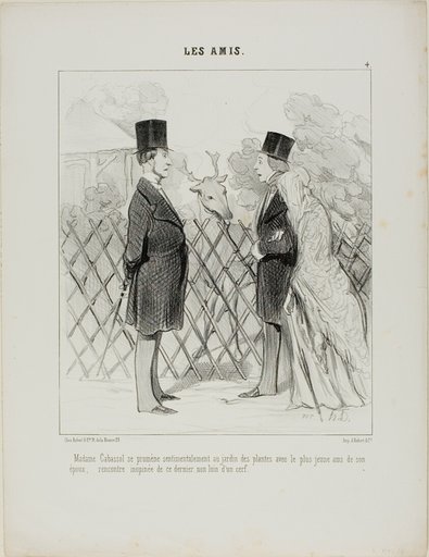Madame Cabassol going for a romantic stroll in the botanical gardens together with the youngest friend of her husband's. Sudden encounter with the latter not far from a stag, plate 4 from Les Amis