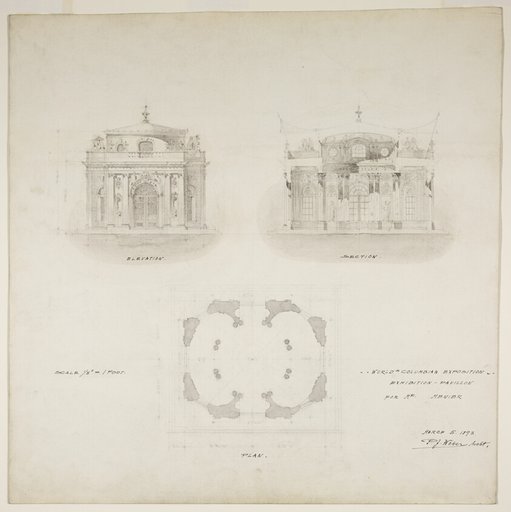 World's Colombian Exposition Chocolate-Menier Pavilion, Chicago, Illinois, Plan, Elevation, and Section