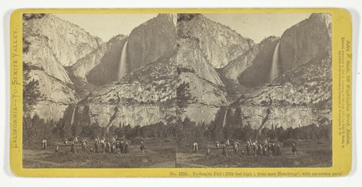 Yo-Semite Fall (2634 feet high), from near Hutchings', with excursion party, No. 1216 from the series "California -- Yo-Semite Valley"