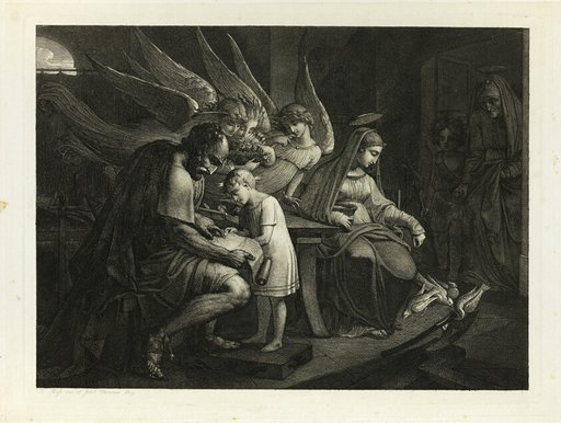 The Holy Family Busy at Home: Joseph Teaches the Boy Jesus to Read. Mary Feeds the Pigeons. Elizabeth Enters the Room with John