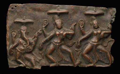 Fragment of a Plaque with Dancing Ganesha and the Mother Goddesses Brahmani and Maheshvari