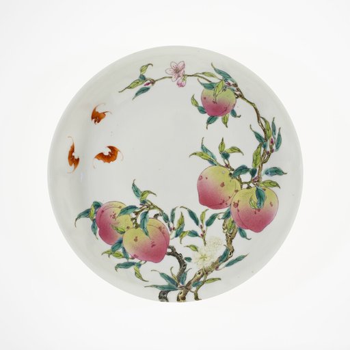 Dish with Fruiting Peaches, Tree Peony, Flowering Plum, and Bats