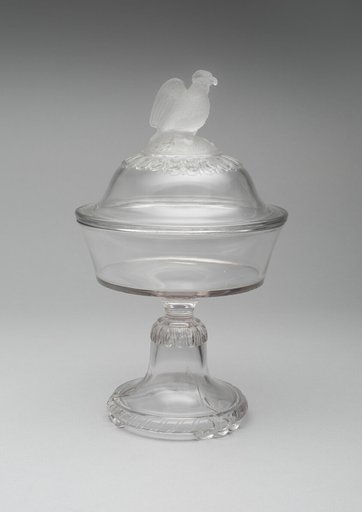 "Old Abe/Frosted Eagle" pattern medium covered compote on pedestal