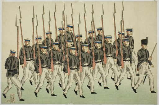 Procession of Russian Soldiers with Bayonets, from the Album of seven prints of Russian Army and Warship (Roshia seigi shashin kan)