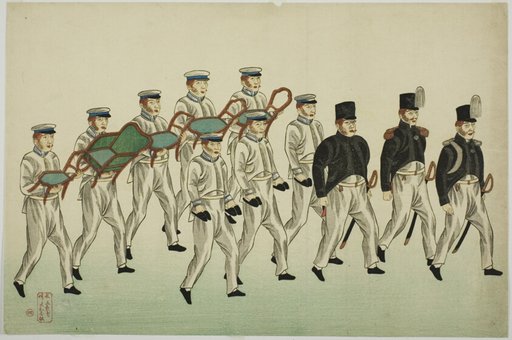 Procession of Russian Officers and Soldiers with Gifts, from the Album of seven prints of Russian Army and Warship (Roshia seigi shashin kan)