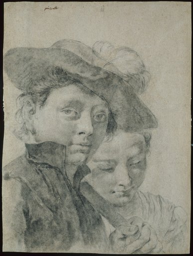 A Young Boy Wearing a Plumed Hat, and a Young Girl