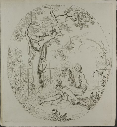 Bearded Man Spying on Lovers Under an Arbor