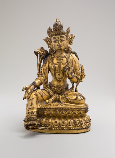 Green Tara, Seated in Pose of Royal Ease (Lalitasana), with Lotus Stalks on Right Shoulder and Hands in Gestures of Reasoning (Vitarkamudra) and Gift Conferring (Varadamudra)