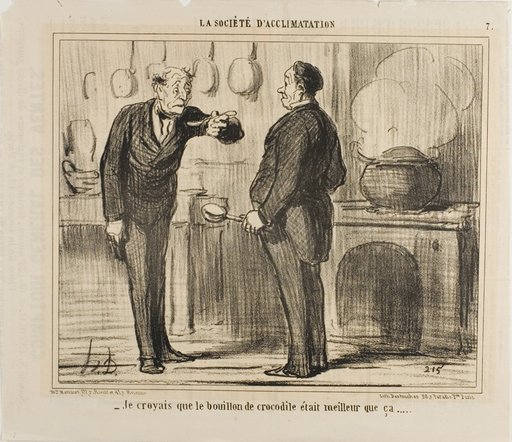 “- I actually thought a crocodile soup would taste better than that,” plate 7 from La Sopciété D'acclimatation