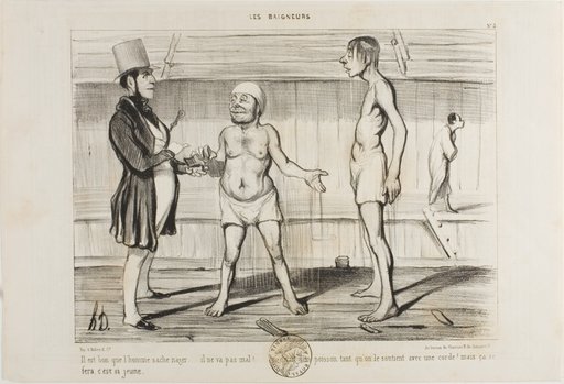 “It's important for a man to know how to swim. He is not doing so badly for a start. You could think it's a fish, at least while he is attached to the cord. But he'll learn it… he is still young!,” plate 5 from Les Baigneurs