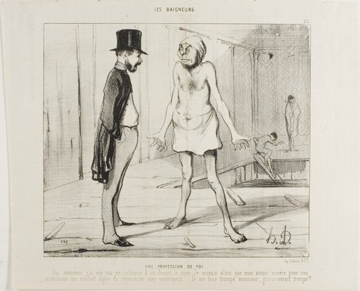 A Confession Of Faith. “Yes Sir, I bared my political life in pure sincerity before my country. I was convinced that my true love for our institutions would make me worthy of representing my fellow citizens. I was wrong, Monsieur, it seems the nation wasn't ready for this yet,” plate 23 from Les Baigneurs