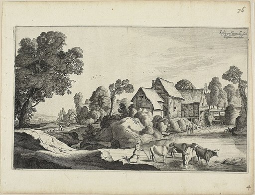 Herd of Cattle at a Ford Near a Watermill