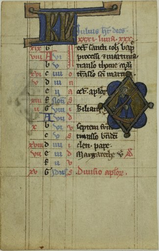 Figure with Scythe, Illuminated Initials "KL" or "BV" recto, and Fish with Lobster Claws, verso, from a Psalter or Book of Hours