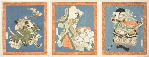 Bando Mitsugoro III as Minamoto no Yorimasa (right), Segawa Kikunojo V as Ayame no Mae (center), and Ichikawa Danjuro VII as I no Hayata (left)