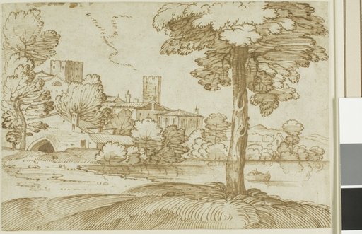 Landscape with a Large Tree on the Right and a Distant View of a Town on the Left