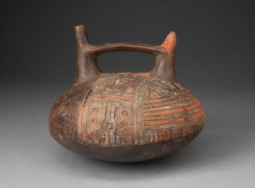 Double Spout and Bridge Vessel Depicting Incised and Painted Abstract Feline Face