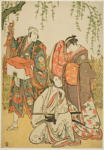 The Actors Ichikawa Yaozo III as Shiragiku, Ichikawa Danjuro V as the puppeteer Dekurokubei, and Sawamura Sojuro III as Soga no Juro, in the joruri "Shinobukoi Yanagi no Katsura Otoko," performed at the Nakamura Theater in the first month, 1785