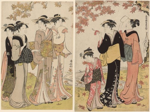 Beauties Under a Maple Tree, from the series "A Collection of Contemporary Beauties of the Pleasure Quarters (Tosei yuri bijin awase)"
