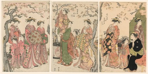 Courtesans and Their Child Attendants under Blossoming Cherry Trees