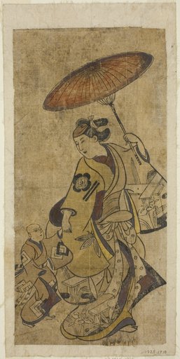 The Actors Matsumoto Hyozo as a woman holding an umbrella and Nakamura Shichisaburo I as a young boy