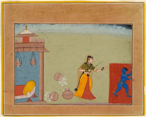 Yashoda Chastises Her Foster Son, the Youthful Krishna, page from a manuscript of the Bhagavata Purana
