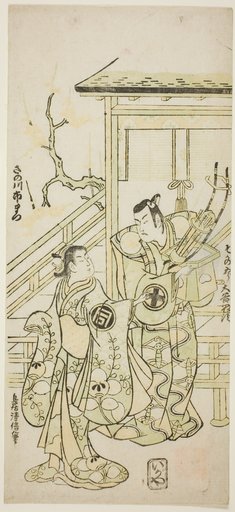 The Actors Otani Oniji I as Soga no Goro and Sanogawa Ichimatsu I as the sister of Yoshinaka in the play "Fuji no Yuki Mitsugi Soga," performed at the Nakamura Theater in the first month, 1746