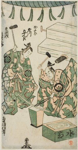 The Actors Fujikawa Heikuro as Masamune and Matsushima Kichisaburo as Rai Kunitsugu in the play "Shin Usuyuki Monogatari," performed at the Nakamura Theater in the sixth month, 1746