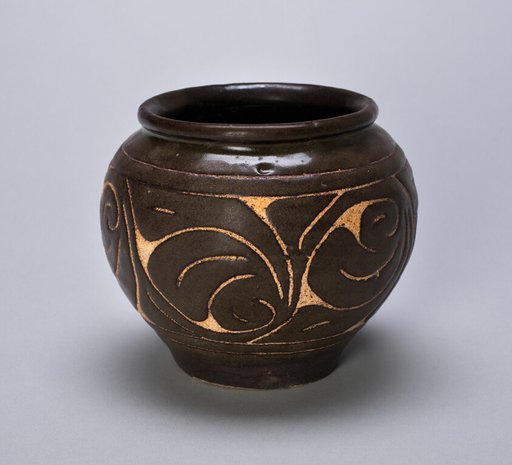 Small Globular Jar with Rolled Lip and Stylized Leaves
