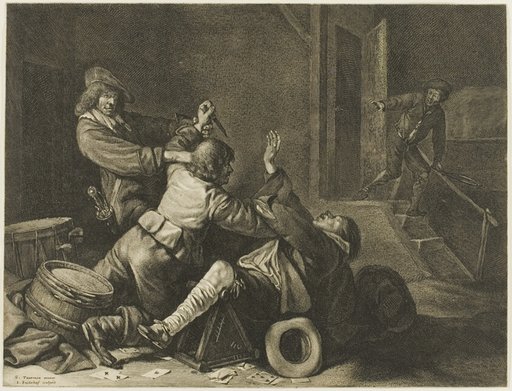 Three Men Struggling in an Interior