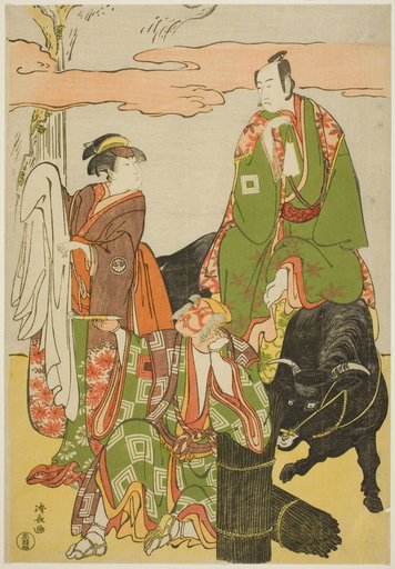 The Actors Ichikawa Monnosuke II as Miyukinosuke, Segawa Kikunojo III as Hatsune-hime, and Ichikawa Danjuro V as Ninnaji no Saibei, in the joruri "Shitenno Oe no Yamairi," performed at the Kiri Theater in the eleventh month, 1785