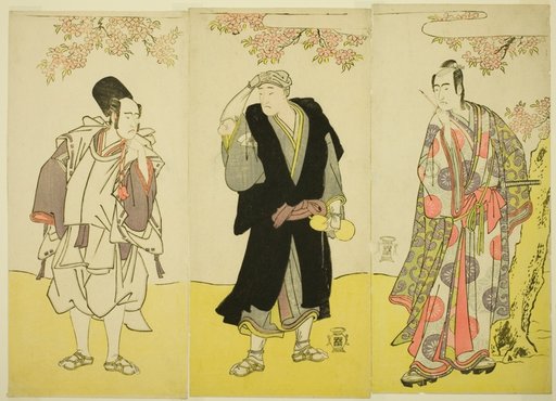 The Actors Sawamura Sojuro III as Kusunoki Tatewaki Masatsura (right), Onoe Matsusuke I as the Monk Sahei Bozu (center) and Ichikawa Yaozo III as the Prince's Servant Kusunoki Uraminosuke (left), in the Play Kumoi no Hana Yoshino no Wakamusha, Performed at the Nakamura Theater in the Eleventh Month, 1786