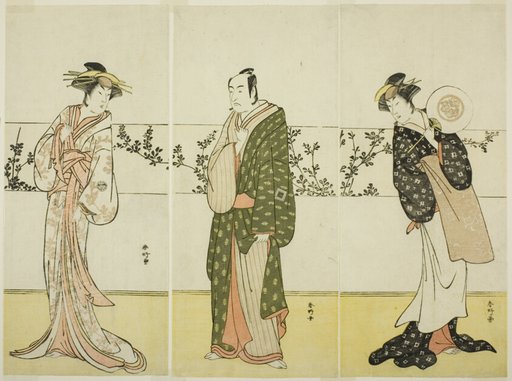 The Actors Osagawa Tsuneyo II (right), Ichikawa Monnosuke II (center), and Segawa Kikunojo III (left), Possibly as Misao Gozen, Matsuya Soshichi, and the Courtesan Kojoro of Hakata, in the Play Chiyo no Hajime Ondo no Seto (Beginnings of Eternity: The Ondo Straits in the Seto Insland Sea) (?), Performed at the Kiri Theater from the Twenty-seventh Day of te Seventh Month, 1785