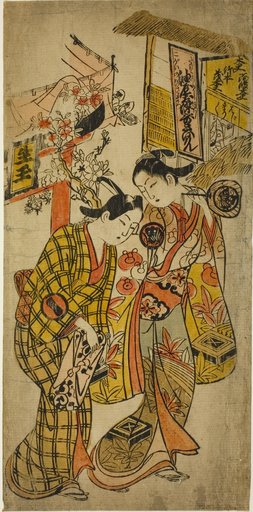 The Actors Sanjo Kantaro II as Osome and Ichikawa Monnosuke as Hisamatsu in the play "Osome Hisamatsu Tamoto no Shiro Shibori," performed at the Morita theater, 1720