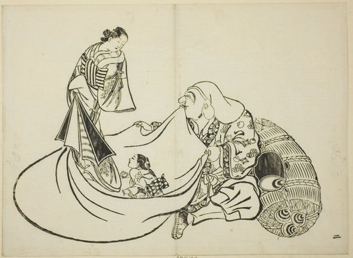 Daikoku revealing the contents of Hotei's bag, no. 2 from the series of 12 prints