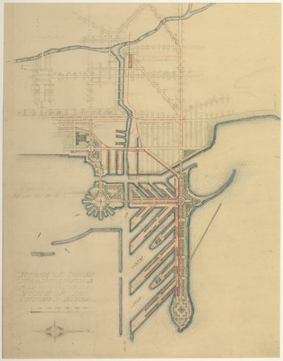 Plate 71 from The Plan of Chicago, 1909: Chicago. Sketch Diagram of Docks Suggested at the Mouth of the Chicago River for Package Freight Steamers.
