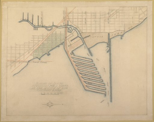 Plate 72 from The Plan of Chicago, 1909: Chicago. Sketch Diagram of Docks Suggested at the Mouth of the Calumet River for Bulk Freight Steamers; Access To Be Had Without Opening of Bridges.