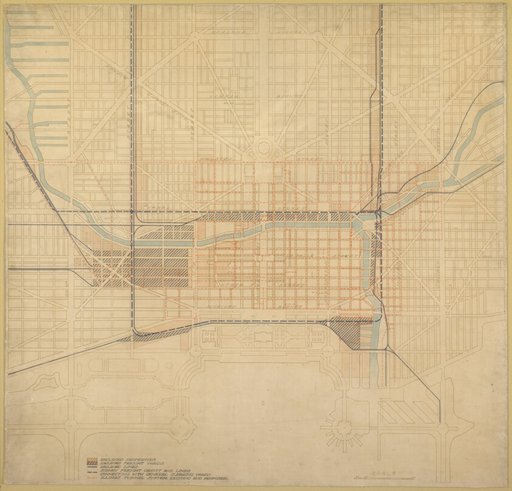 Plate 74 from The Plan of Chicago,1909: Chicago. Diagram of the City Center, Showing the General Location of Existing Freight Yards and Railroad Lines, the Present Tunnel System and Proposed Circuit, and Connections for all these Services, Running to the Central Clearing Yards.